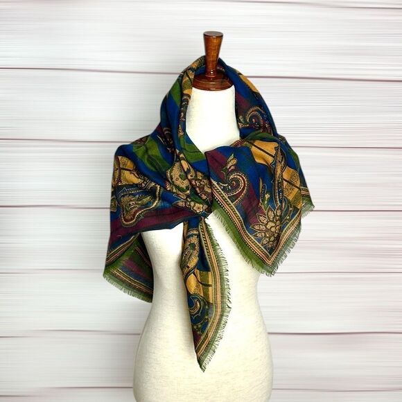 Albert Nipon Wool Square Scarf Shawl Green Blue Yellow Paisley 44x44” Vtg - Picture 4 of 11